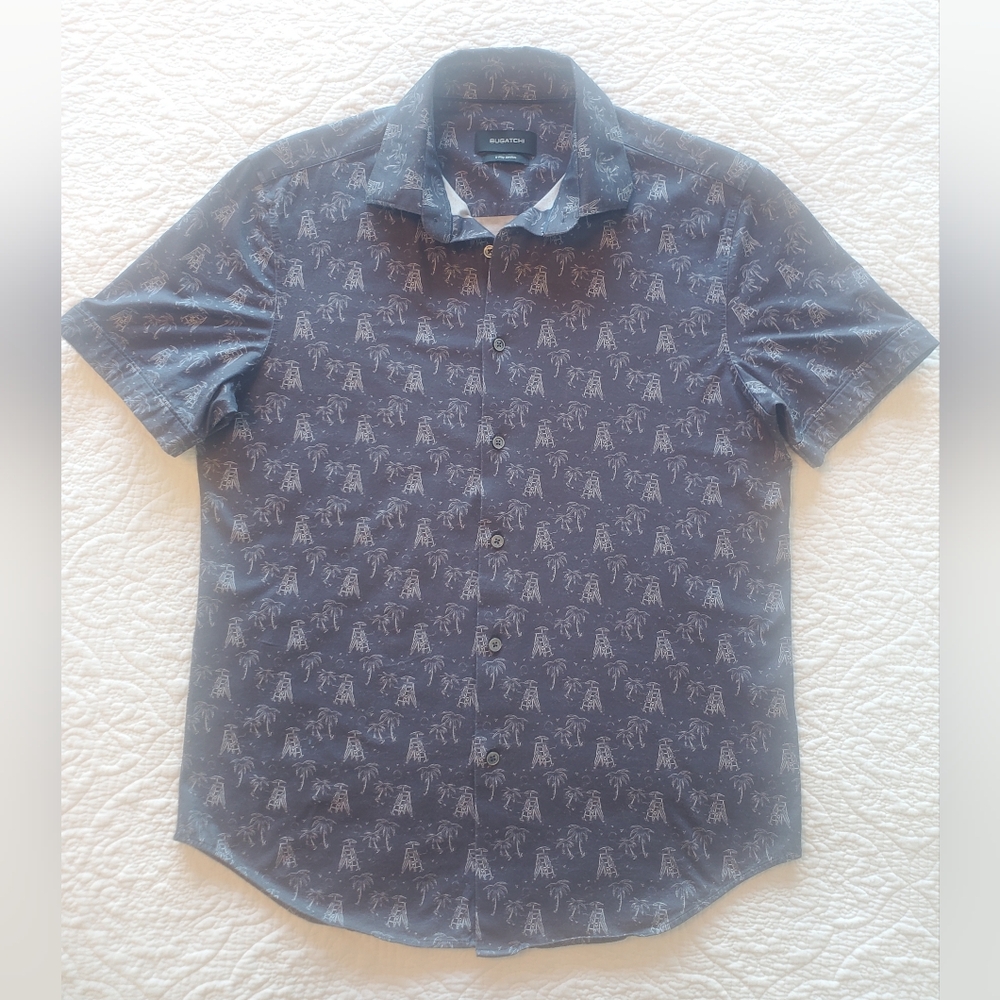 Bugatchi Navy and White Graphic Button Down Shirt